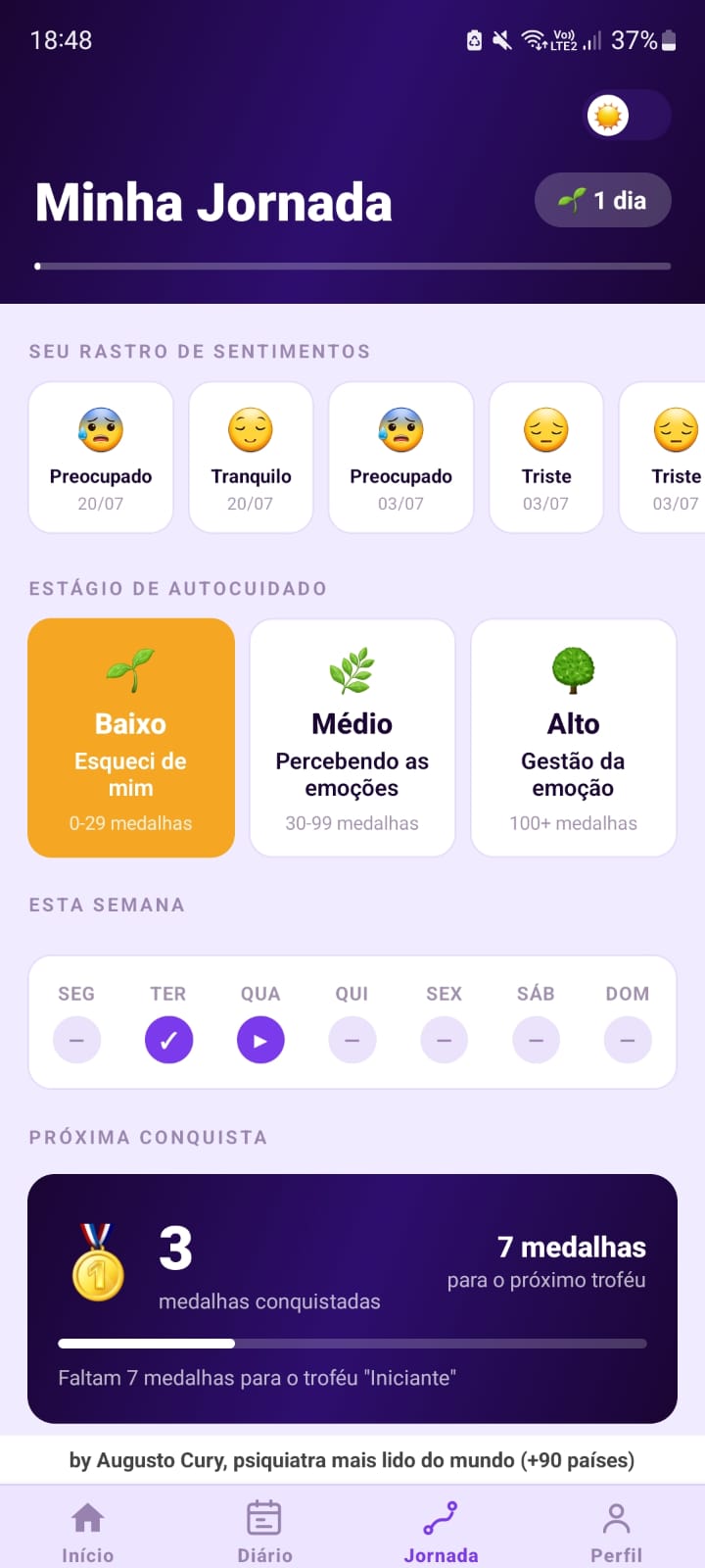 Tela Minha Jornada do app SpotiCalm — rastro de sentimentos, estágio de autocuidado e conquistas